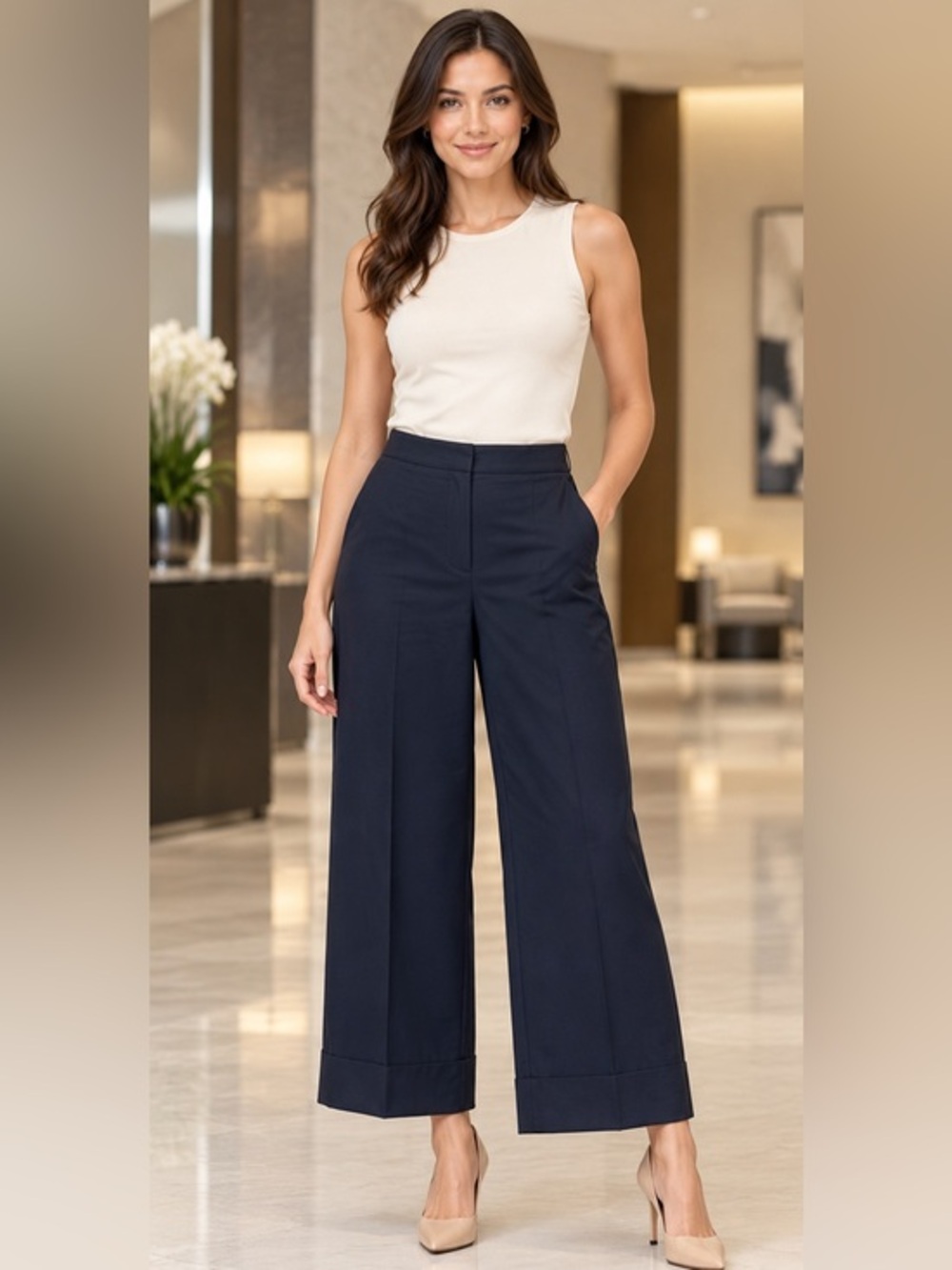 ASOS US 6 Navy Blue High Rise Wide Leg Cropped Cuffed Trousers